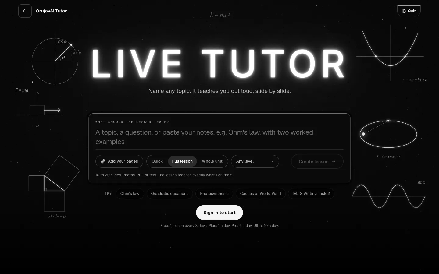 OrujovAI Live Tutor: a box to name any lesson topic