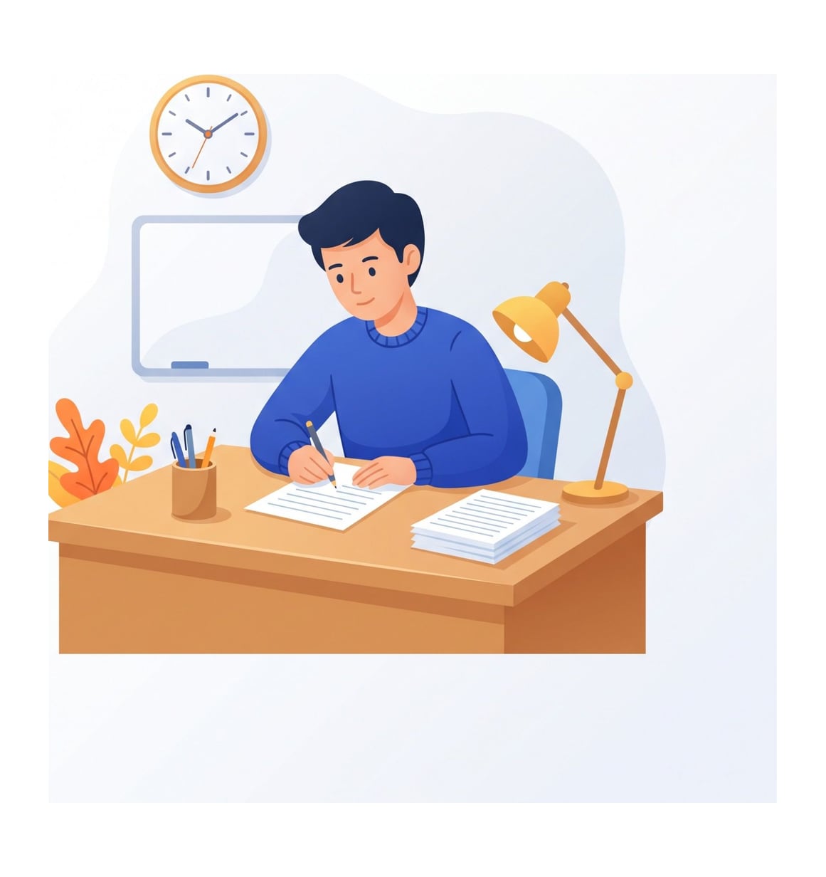 A student writing an essay at a desk